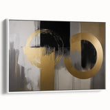 Abstract geometric framed canvas artwork showcasing a modern design with bold shapes and a white background, ideal for contemporary home decor.