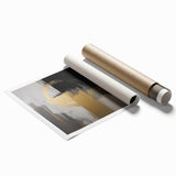 Abstract geometric rolled print showcasing vibrant blue, yellow, and red shapes on a textured surface, ideal for modern home decor, packaged securely in a durable tube.