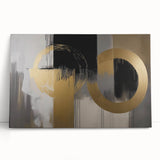 Abstract geometric stretched canvas artwork with vibrant colors and dynamic shapes, leaning against a neutral wall, ideal for modern home decor.