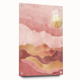 Abstract wall art featuring vibrant landscapes printed on acrylic glass, showcasing rich colors and textures, displayed in a side view with decorative pins.