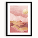 Abstract landscape wall art featuring vibrant colors in a black frame with a mat, ideal for modern decor. This artistic piece showcases a serene view, enhancing any indoor space with its contemporary design.