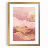 Abstract landscape wall art framed in gold with a mat, showcasing vibrant colors and fluid shapes, perfect for modern home decor. The piece adds elegance and sophistication to any space.