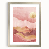 Abstract landscape wall art framed in silver with a white mat, showcasing soft pastel colors and sweeping curves, ideal for modern home decor.