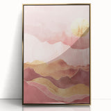 Abstract landscape wall art framed in acrylic with a gold finish, showcasing vibrant colors and dynamic forms, perfect for modern home décor.