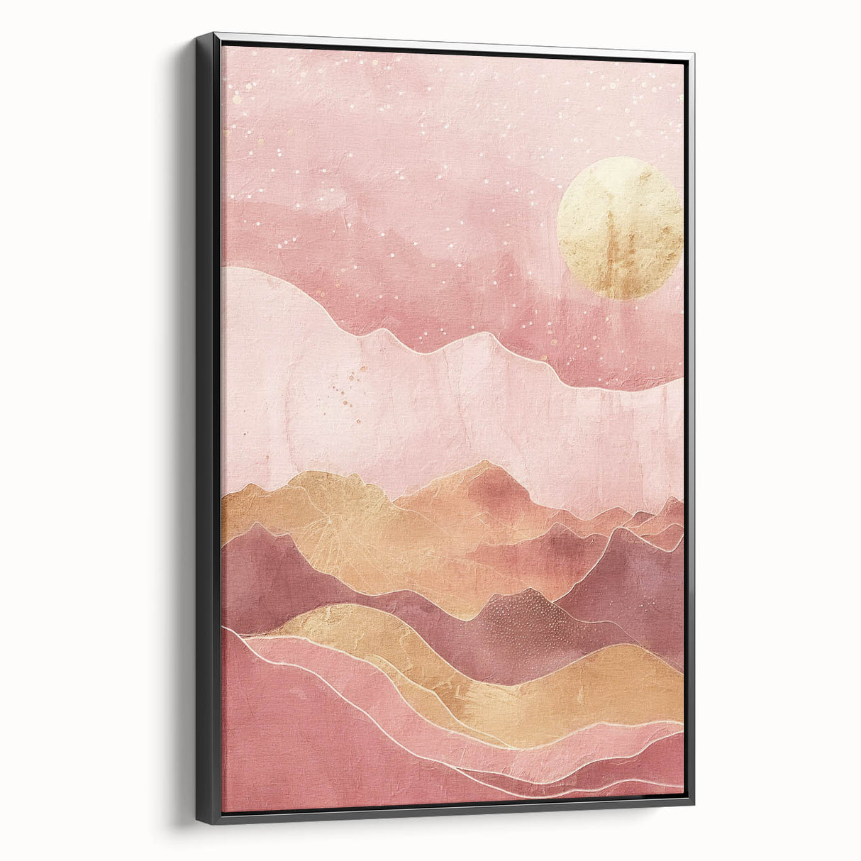 Framed abstract landscape wall art in black, showcasing a modern design with bold lines and colors, ideal for contemporary home decor. Side view highlights the canvas texture and sleek frame, perfect for enhancing any living space.