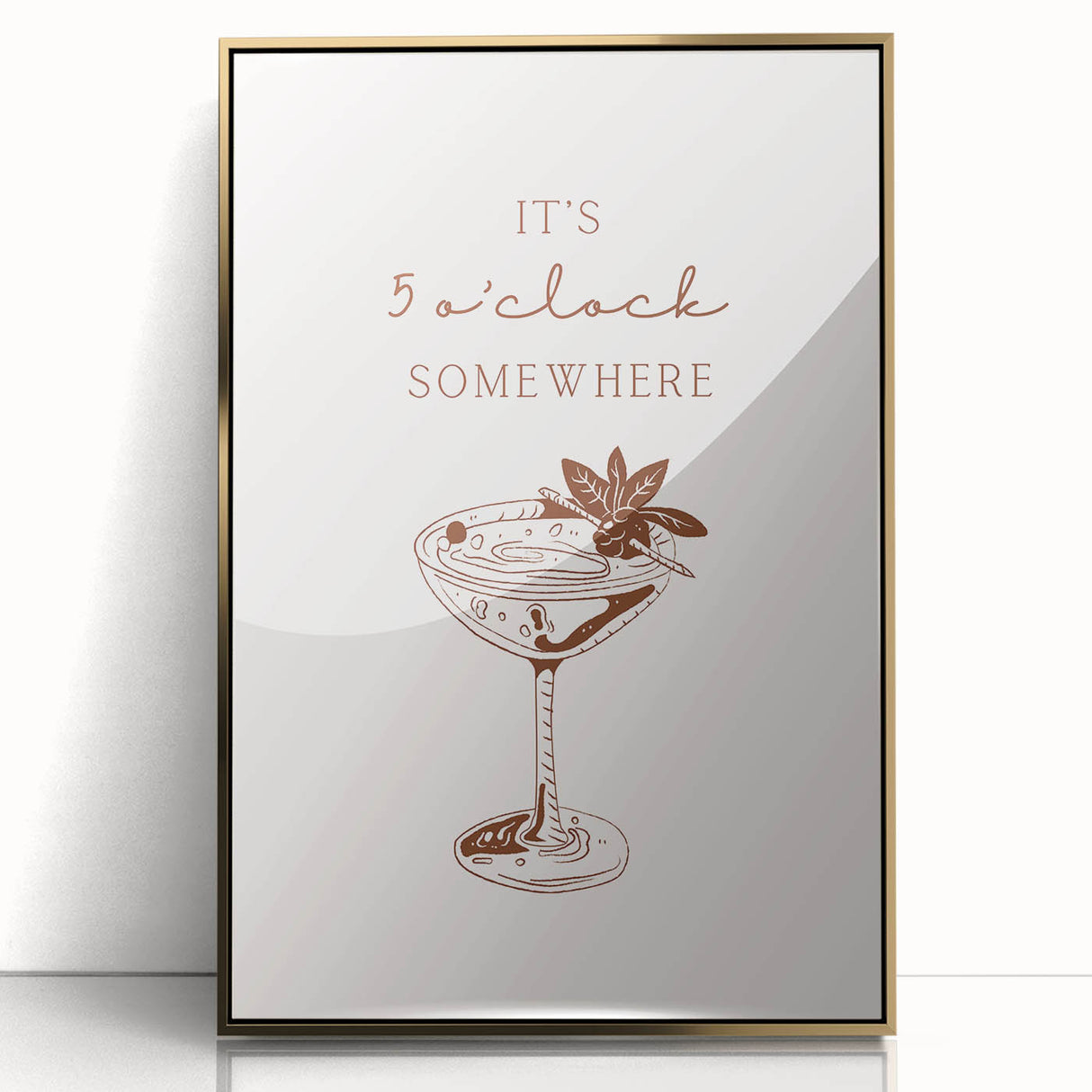 Large art print of a mid-century modernist food and drink motif in gold and black tones, acrylic framed.