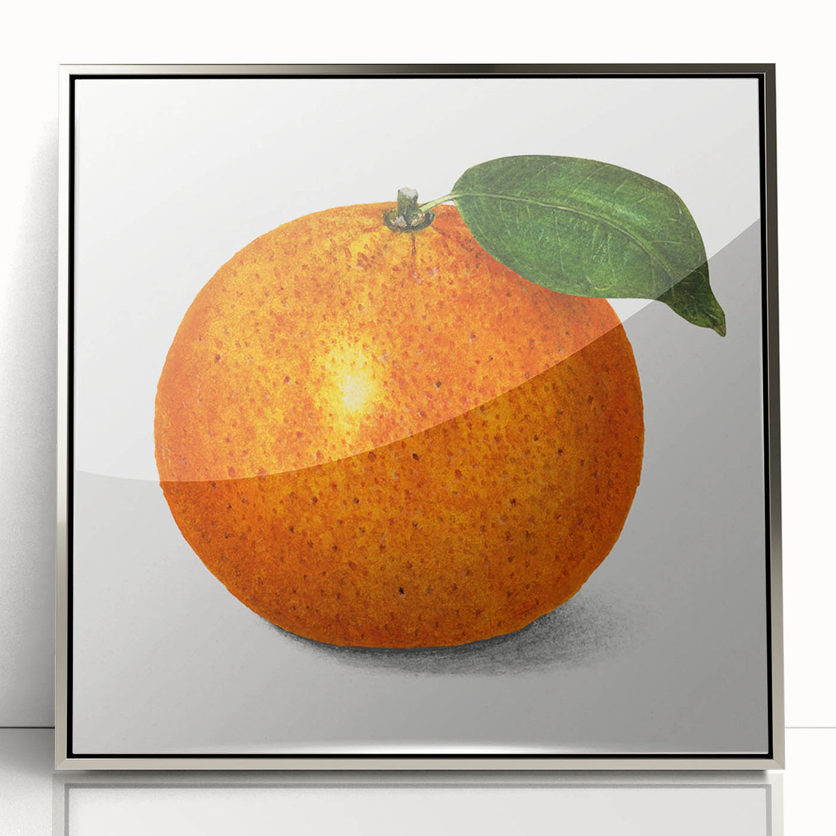 Mid-century modernist art featuring an array of stylized fruits in vibrant colors on a silver-framed acrylic.