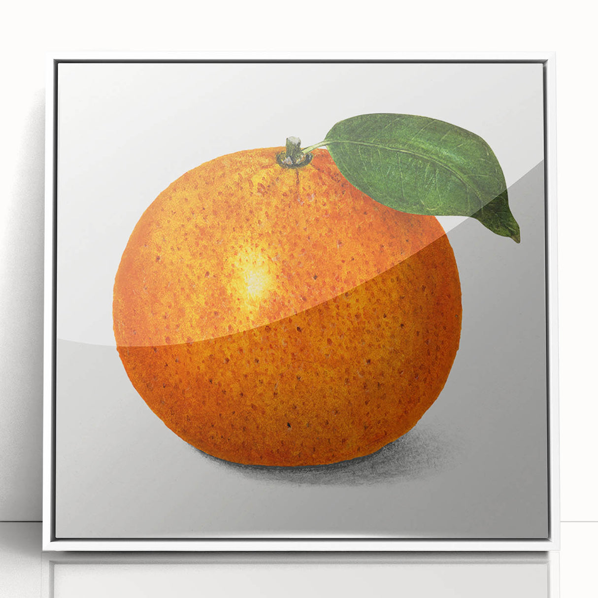 Art deco poster of colorful fruits on white acrylic, framed, ideal for modern kitchen decor.