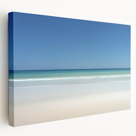 Stretched canvas artwork depicting a serene beach landscape with vibrant colors, showcasing gentle waves and a clear blue sky, perfect for coastal-themed decor.