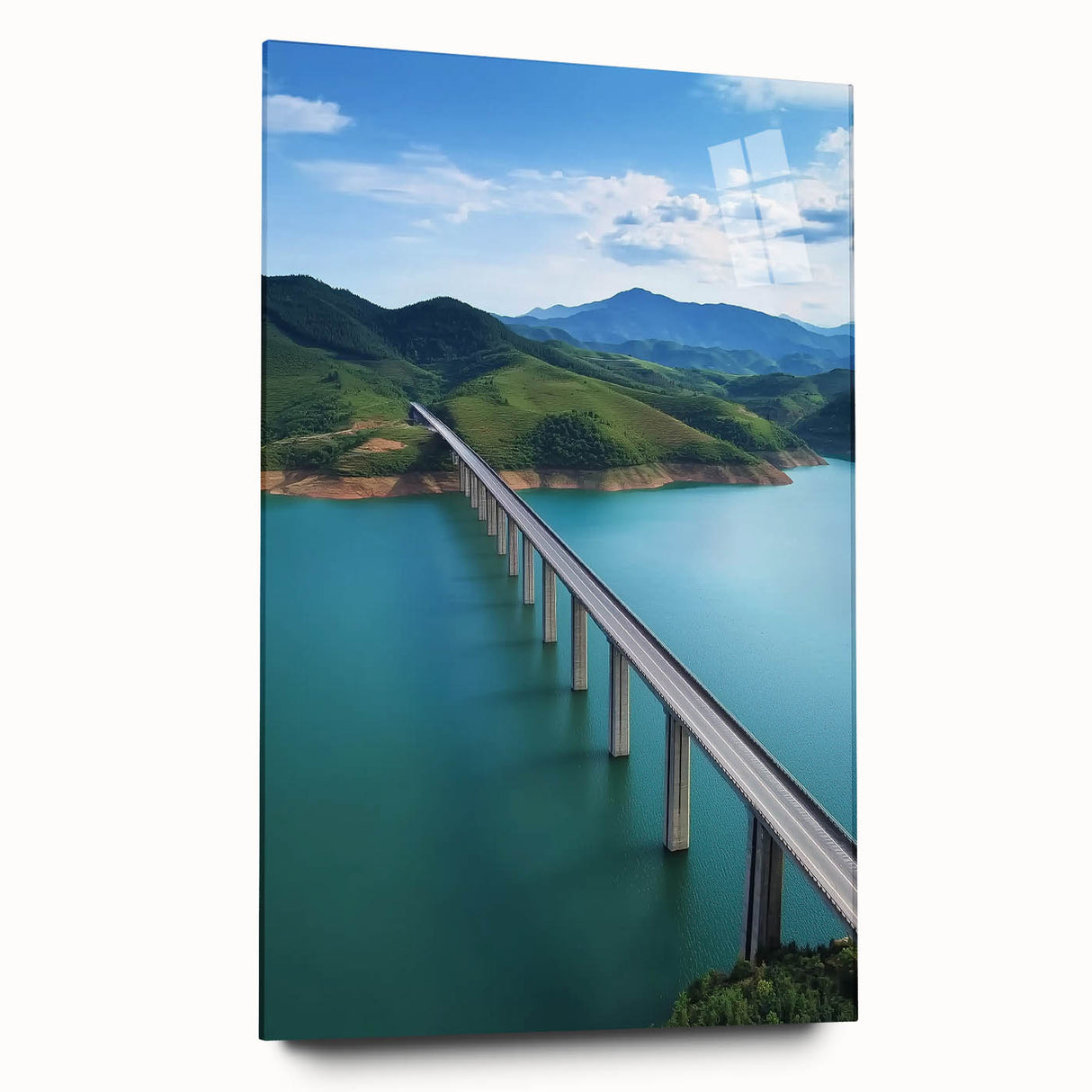 Acrylic landscape bridge model displayed in a side view, showcasing its transparent design and intricate details, ideal for architectural enthusiasts and collectors.