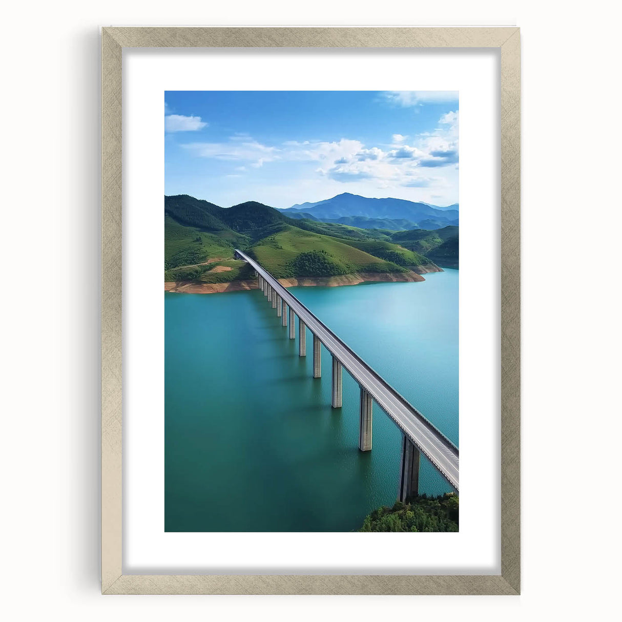 Silver landscape bridge frame with a mat, showcasing a front view design ideal for displaying nature photography or artwork in homes or offices.
