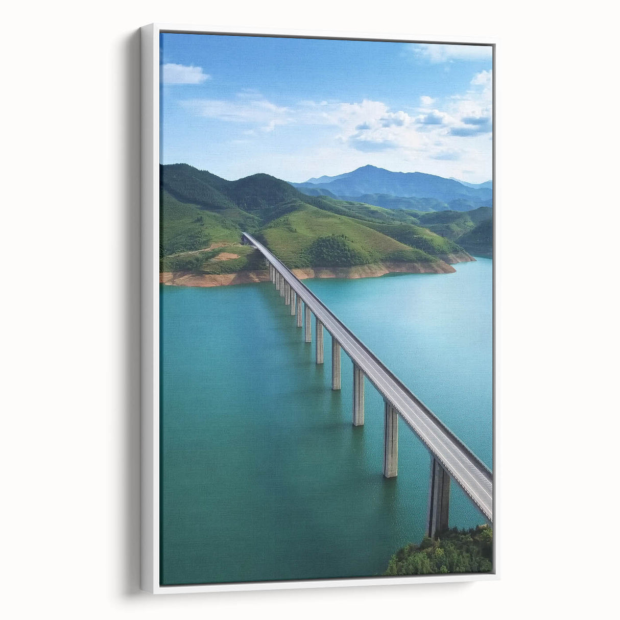 Framed canvas artwork depicting a serene landscape bridge viewed from the side, featuring a mix of earthy tones and lush greenery, ideal for home decor.