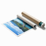 Rolled print of a landscape bridge artwork showcasing vibrant colors and intricate details, securely rolled in a protective cardboard tube for easy shipping and display.