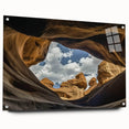 Acrylic landscape wall art depicting vibrant canyons in rich colors, presented in a side view with pins for easy hanging and display, enhancing home decor.