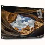 Acrylic landscape wall art depicting vibrant canyons in rich colors, presented in a side view with pins for easy hanging and display, enhancing home decor.