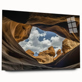 Acrylic glass artwork depicting a vibrant landscape of canyons, showcasing rich earth tones and intricate details, designed to enhance modern decor.