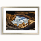 Landscape artwork featuring a majestic canyon scene framed in a sleek silver mat, showcasing vibrant colors and intricate details, ideal for home decor enhancement.