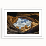 Landscape framed print showcasing a stunning canyon scene with vibrant colors and intricate details, set in a white mat for an elegant display. Perfect for nature lovers.