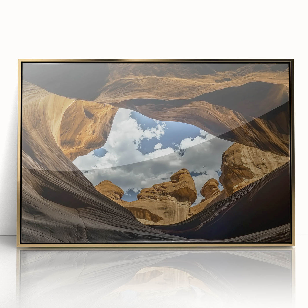 Framed acrylic artwork showcasing a stunning landscape of colorful canyons, highlighted with a gold border, ideal for home decor and art enthusiasts.