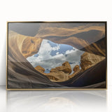 Framed acrylic artwork showcasing a stunning landscape of colorful canyons, highlighted with a gold border, ideal for home decor and art enthusiasts.