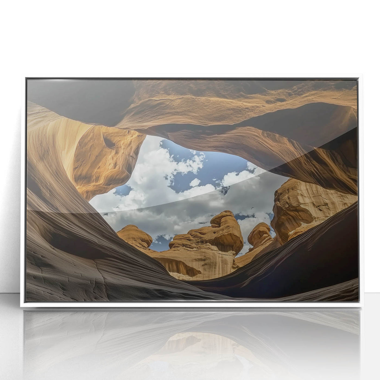Framed acrylic artwork depicting a stunning landscape of canyons, showcasing vibrant colors and intricate details, perfect for home decor enthusiasts seeking nature-inspired designs.