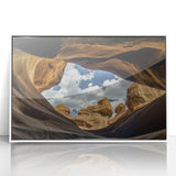 Framed acrylic artwork depicting a stunning landscape of canyons, showcasing vibrant colors and intricate details, perfect for home decor enthusiasts seeking nature-inspired designs.