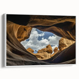 Framed landscape canvas showcasing a vibrant view of canyons in rich earthy tones, set against a white background. Ideal for enhancing modern home decor.