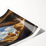 Stunning rolled print showcasing vibrant, abstract landscape canyons in earthy tones, perfect for home decor, elegantly packaged in a protective cardboard tube.