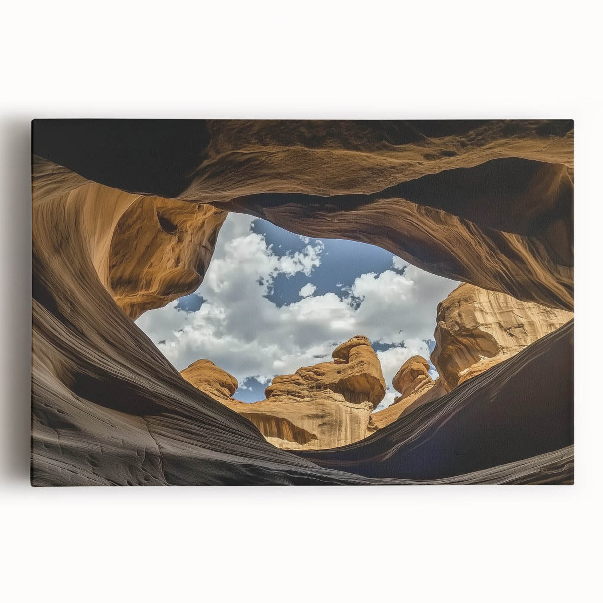 Vibrant landscape canvas artwork depicting majestic canyons with rich earthy colors, ideal for home decor, showcasing natural beauty and artistic design.
