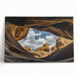 Stretched canvas artwork depicting a vibrant landscape of canyons with rich colors and intricate textures, perfect for enhancing home decor and artistic spaces.