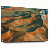 Acrylic landscape artwork depicting a vibrant desert scene, showcasing warm tones of orange and yellow, framed in glass with visible mounting pins, ideal for modern decor.