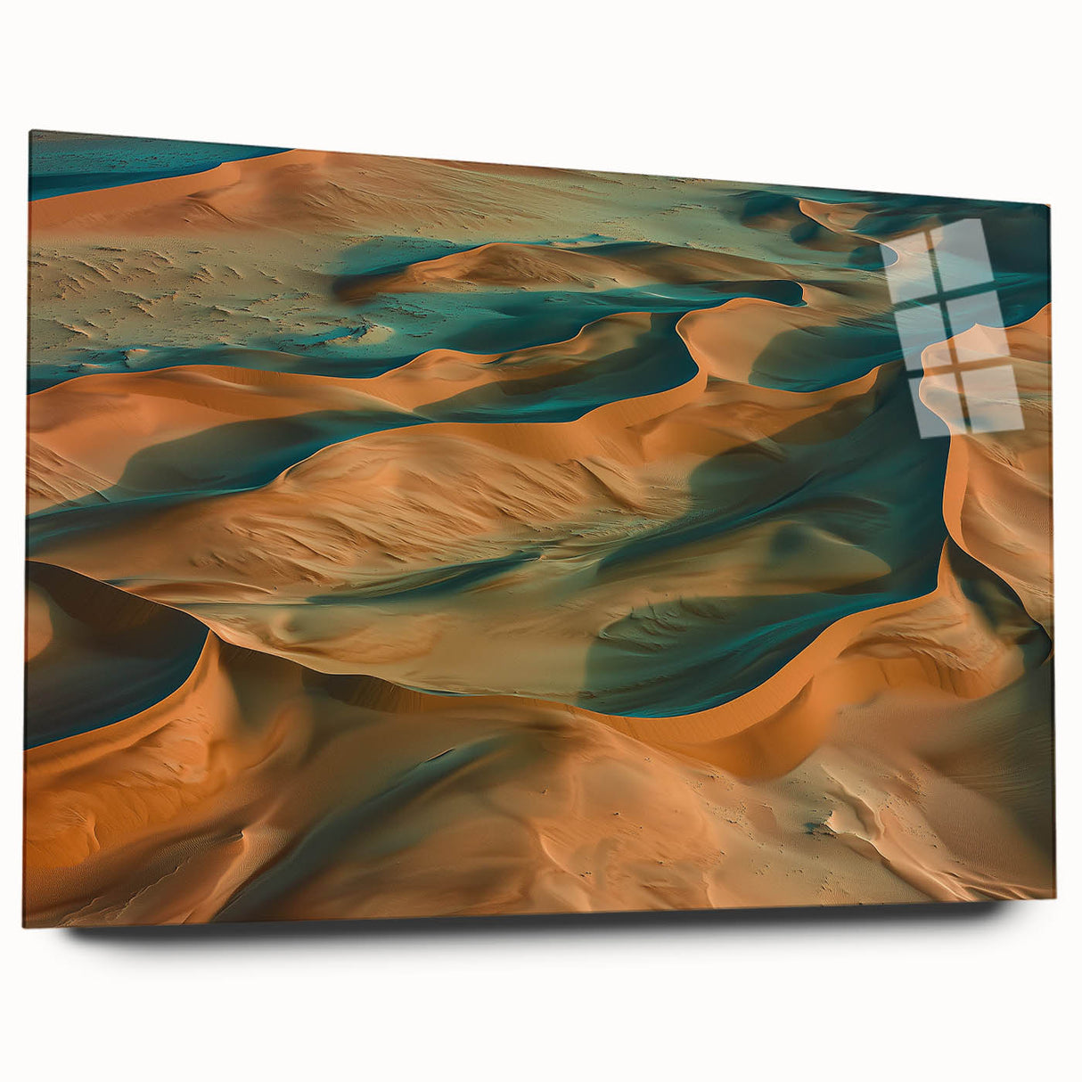 Acrylic glass side view of a desert landscape design, showcasing vibrant colors and intricate details, perfect for modern home decor or artistic displays.