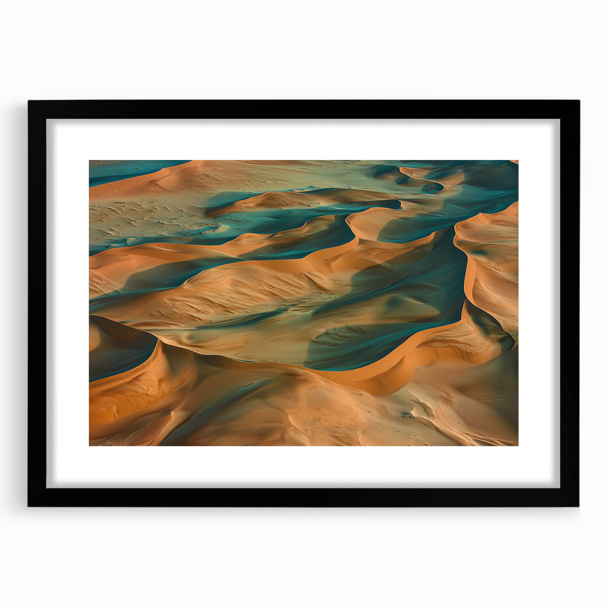 Framed landscape artwork depicting a serene desert scene, featuring warm earthy tones and a matte black frame, perfect for modern home decor.