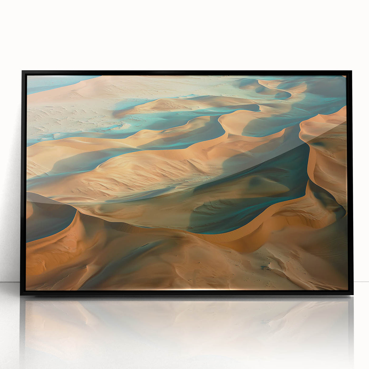 Framed acrylic artwork showcasing a vibrant desert landscape with warm hues of orange, yellow, and blue, set in a sleek black frame, perfect for home decor.