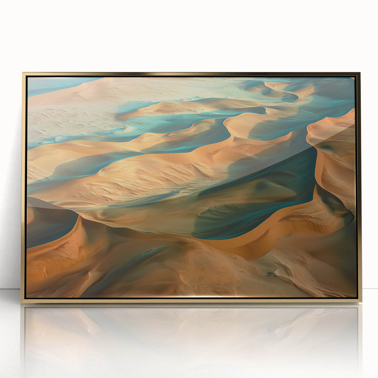 Framed acrylic artwork titled "Design 110 Landscapes: Desert," featuring vibrant desert hues and intricate details, perfect for enhancing modern home decor.