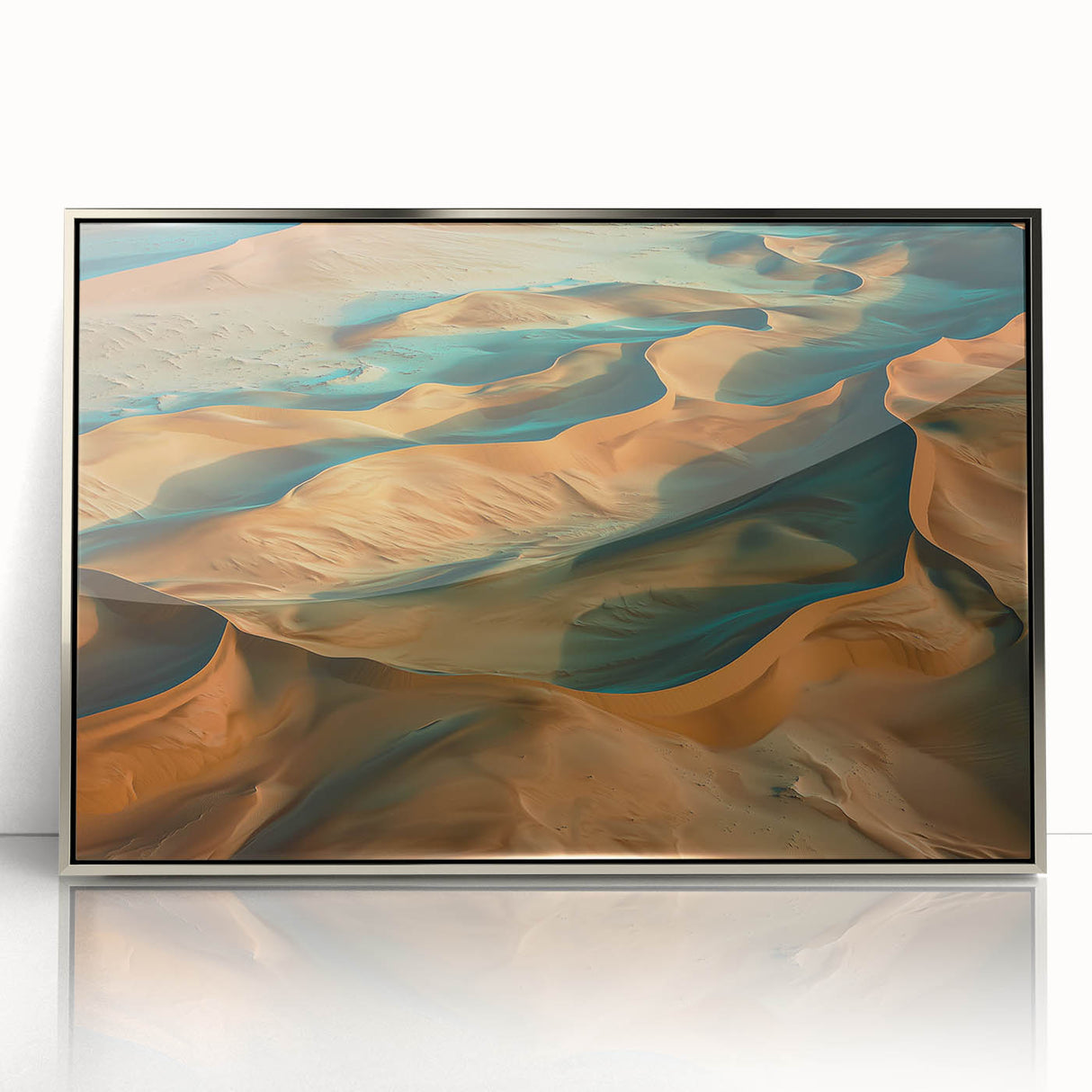 Framed acrylic artwork depicting a stunning desert landscape with warm tones of orange and gold, perfect for enhancing modern home decor.