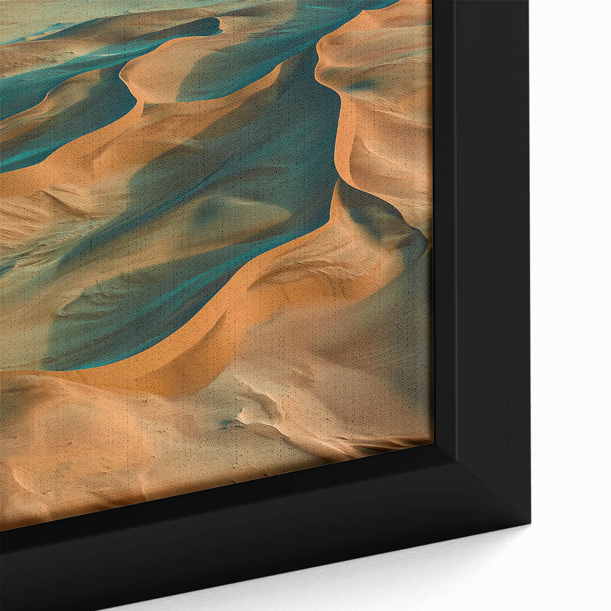 Close-up of a framed desert landscape canvas print showcasing warm earthy tones and intricate details, perfect for enhancing home decor with a serene ambiance.