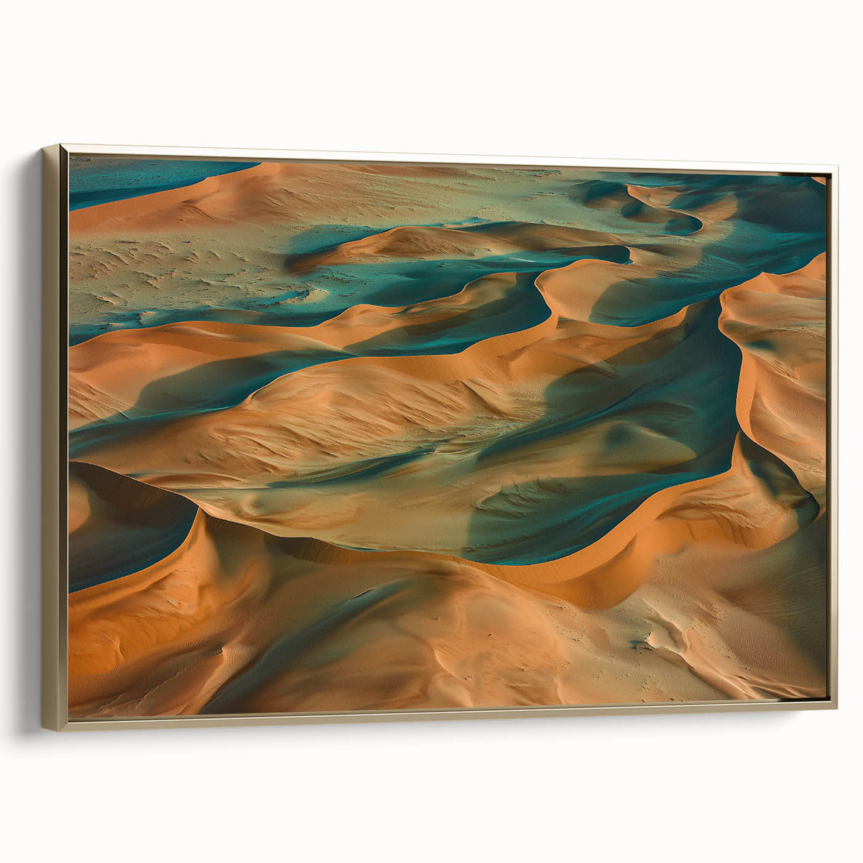 Framed canvas artwork showcasing a stunning desert landscape with golden hues and intricate details, perfect for enhancing home decor and creating a serene atmosphere.