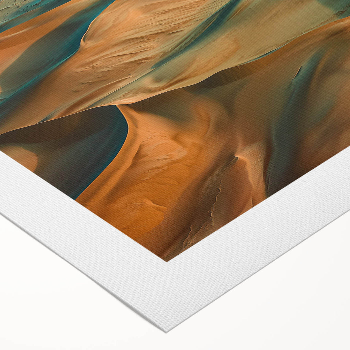 Desert landscape rolled canvas artwork showcasing warm hues of orange and brown, ideal for home decor, emphasizing serene natural beauty and artistic design.