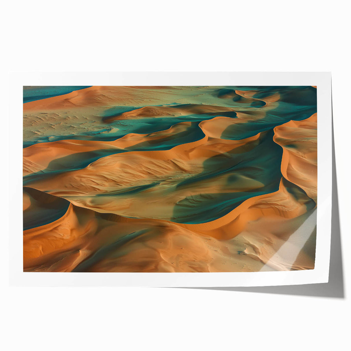 Desert landscape rolled print showcasing warm hues of orange and yellow with intricate details of sand dunes and a dramatic sky, packaged securely in a protective tube.