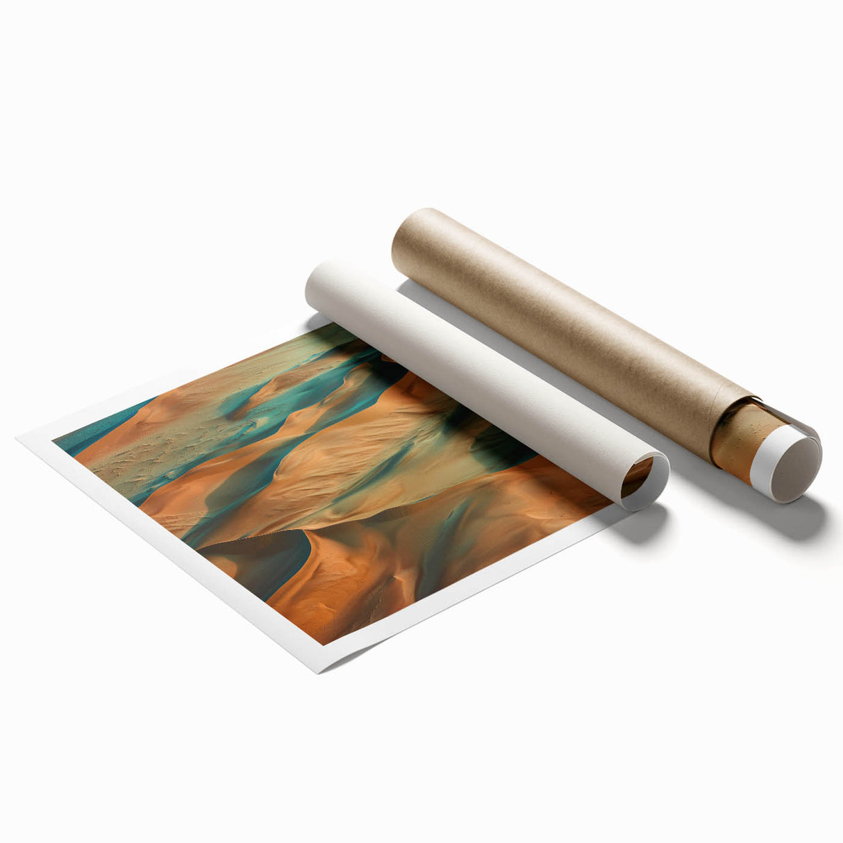 Desert landscape rolled print showcasing vibrant hues of orange and yellow, highlighting a serene sunset scene with rolling dunes, perfect for home decor.