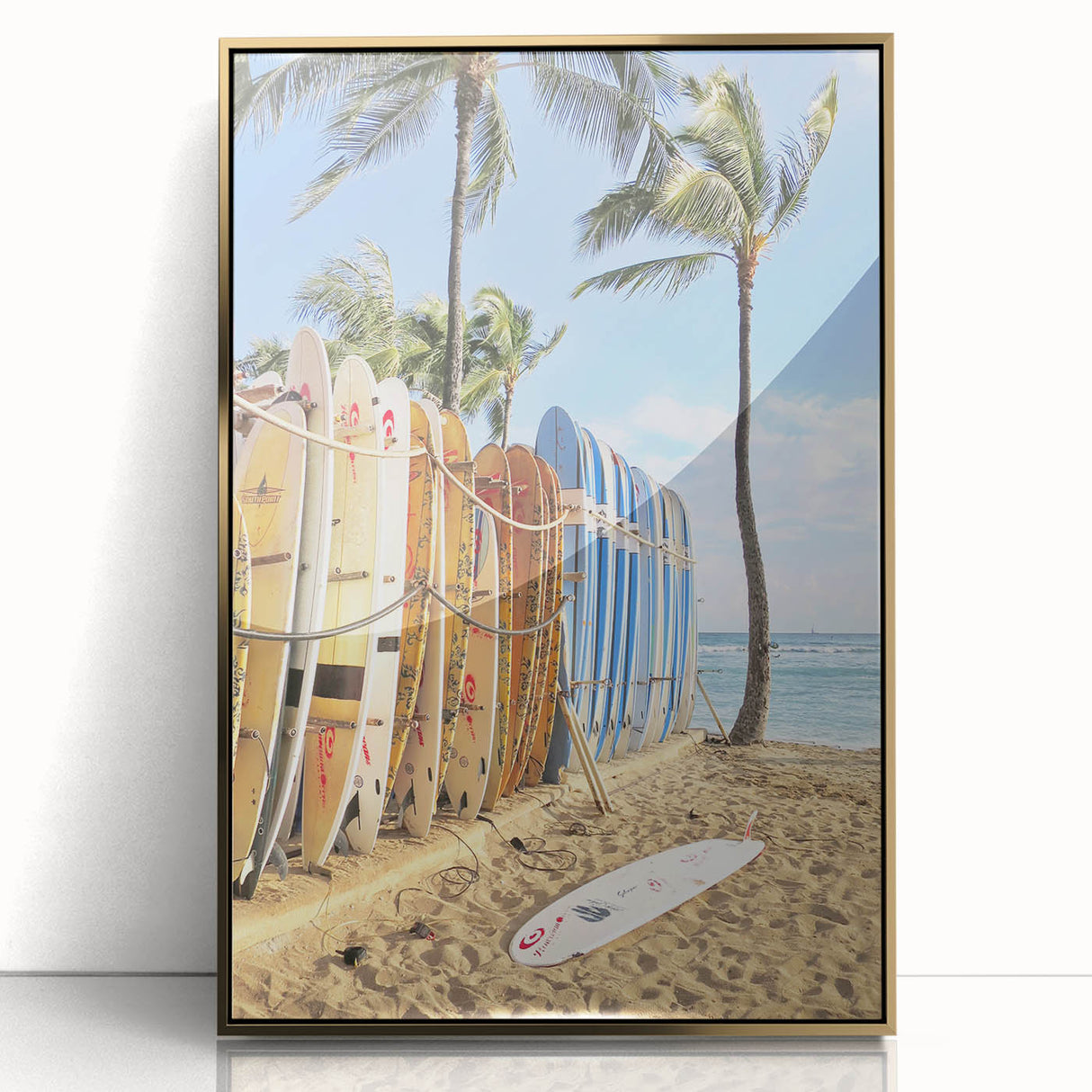 Large art print of a mid-century modernist abstract design in gold and white tones on acrylic.