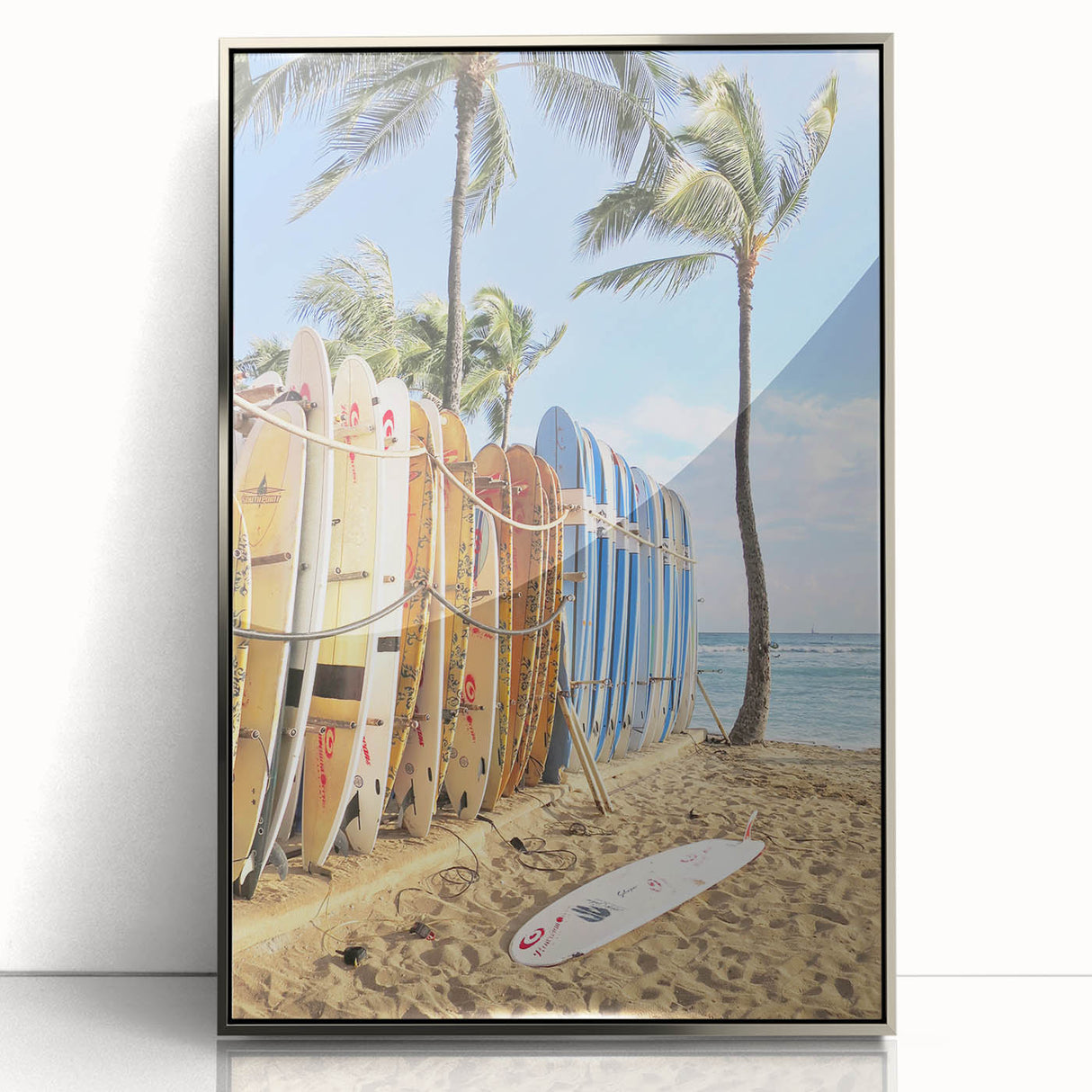 Mid-century modernist art poster featuring geometric shapes in muted pastel colors, framed in silver.
