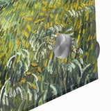 Large abstract wall art print on acrylic glass featuring swirling blue and yellow tones, ideal for dining room decor.