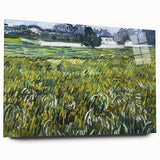 Large abstract wall art print of swirling blues and yellows on acrylic glass, suitable for bedroom or dining room decor.