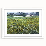 Textured abstract art print of swirling blues and yellows on a white framed canvas, suitable for bedroom decor.