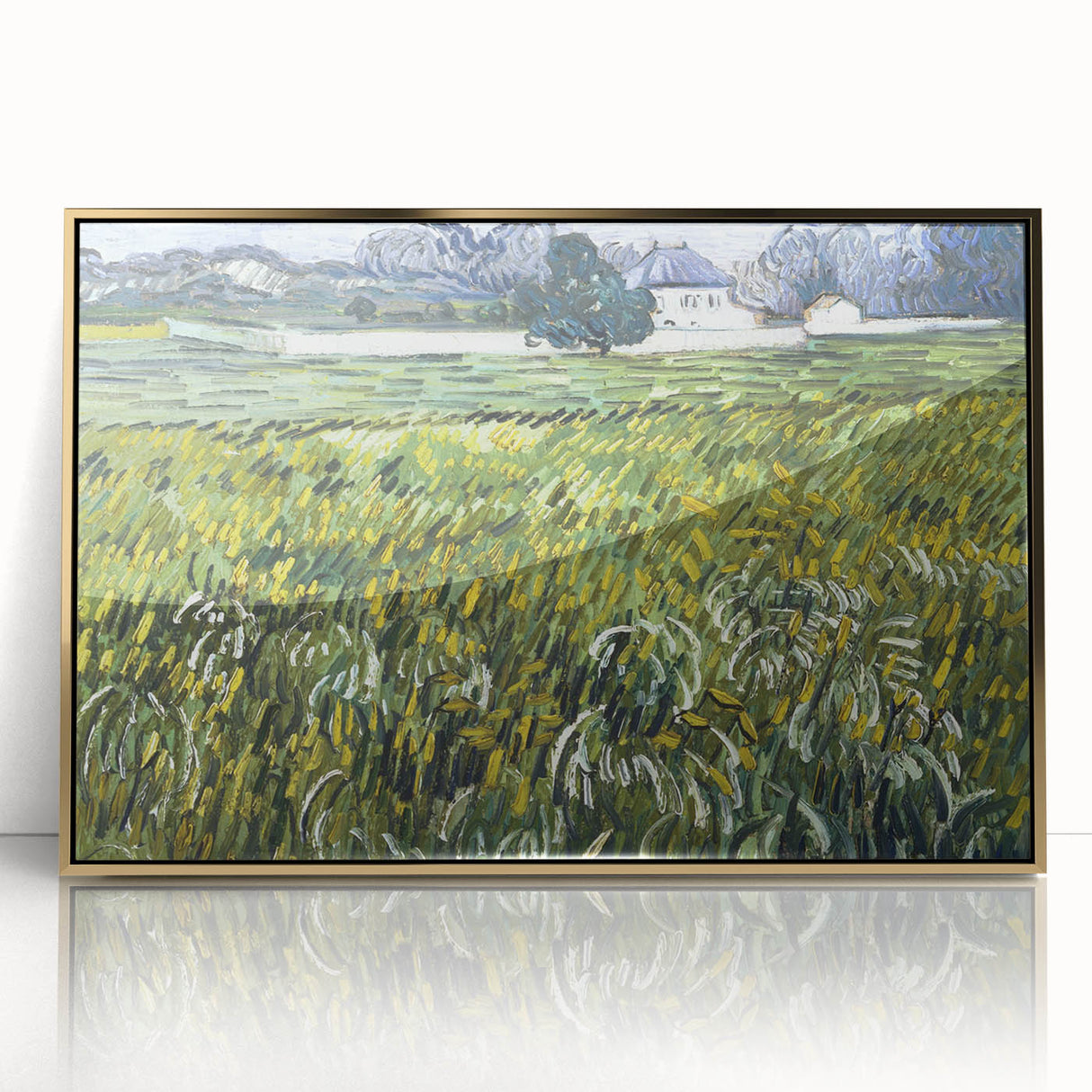 Acrylic print of a Van Gogh-inspired painting in gold frame, featuring abstract swirls in vibrant colors.