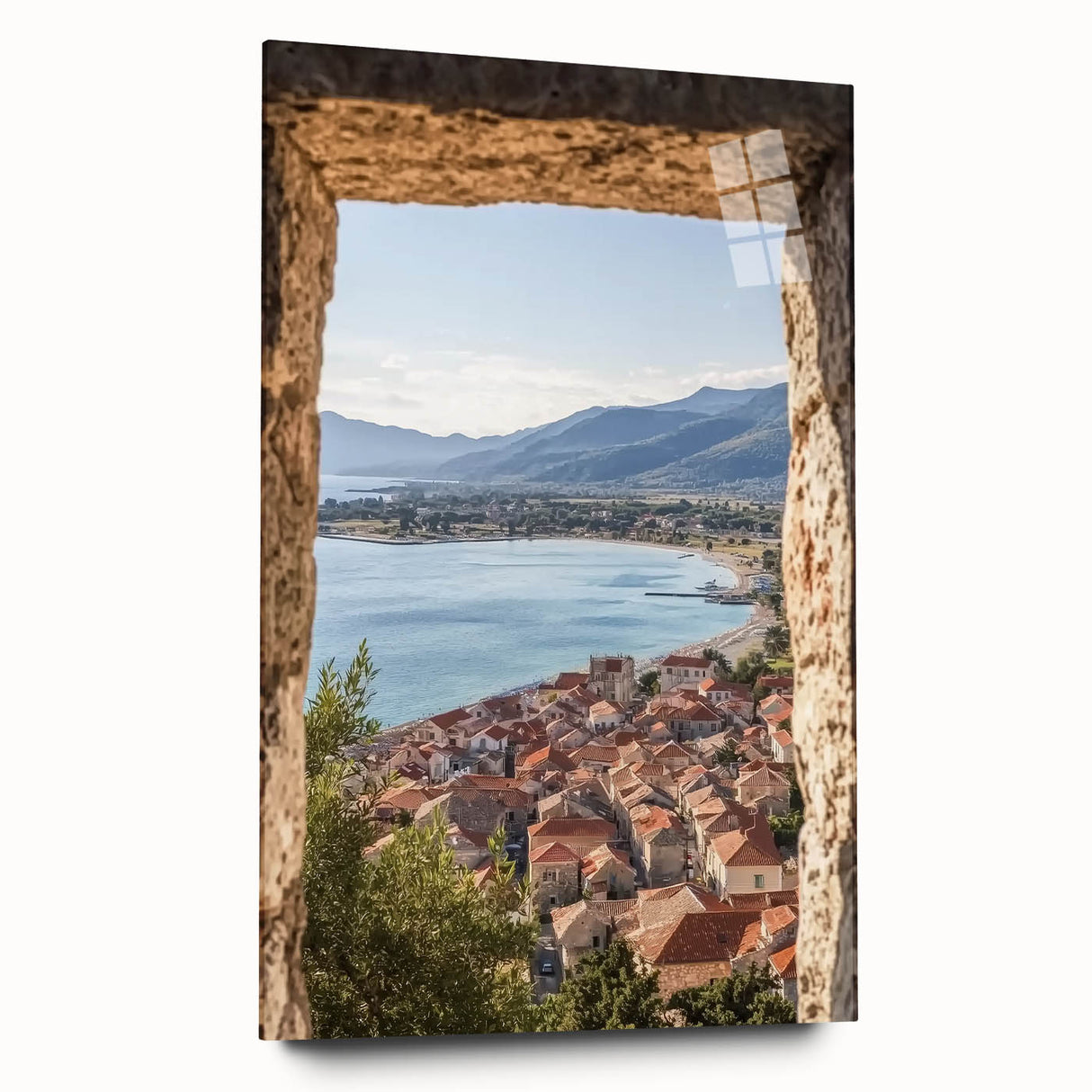 Acrylic glass artwork showcasing a detailed side view of a majestic castle set against a serene landscape, emphasizing vibrant colors and intricate design elements. Perfect for home decor enthusiasts looking for inspiration.