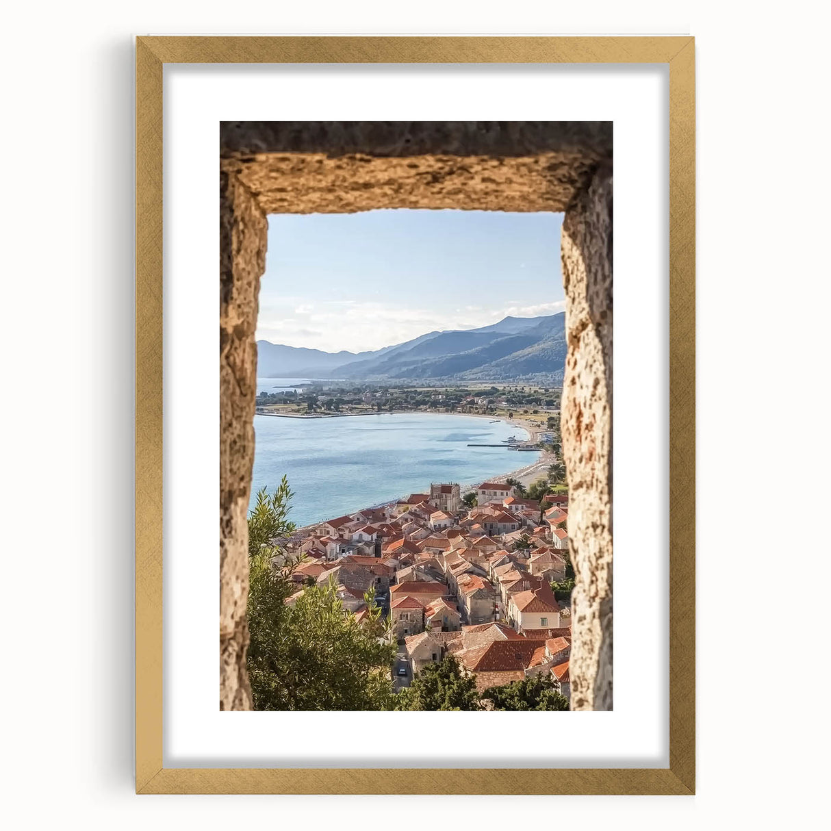 Elegant gold-framed landscape print showcasing a serene castle scene, complete with a mat for added depth, perfect for enhancing home decor.