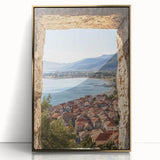 Framed acrylic artwork showcasing a stunning landscape with a medieval castle, highlighted by a gold frame, ideal for home decor enthusiasts seeking elegance and charm.